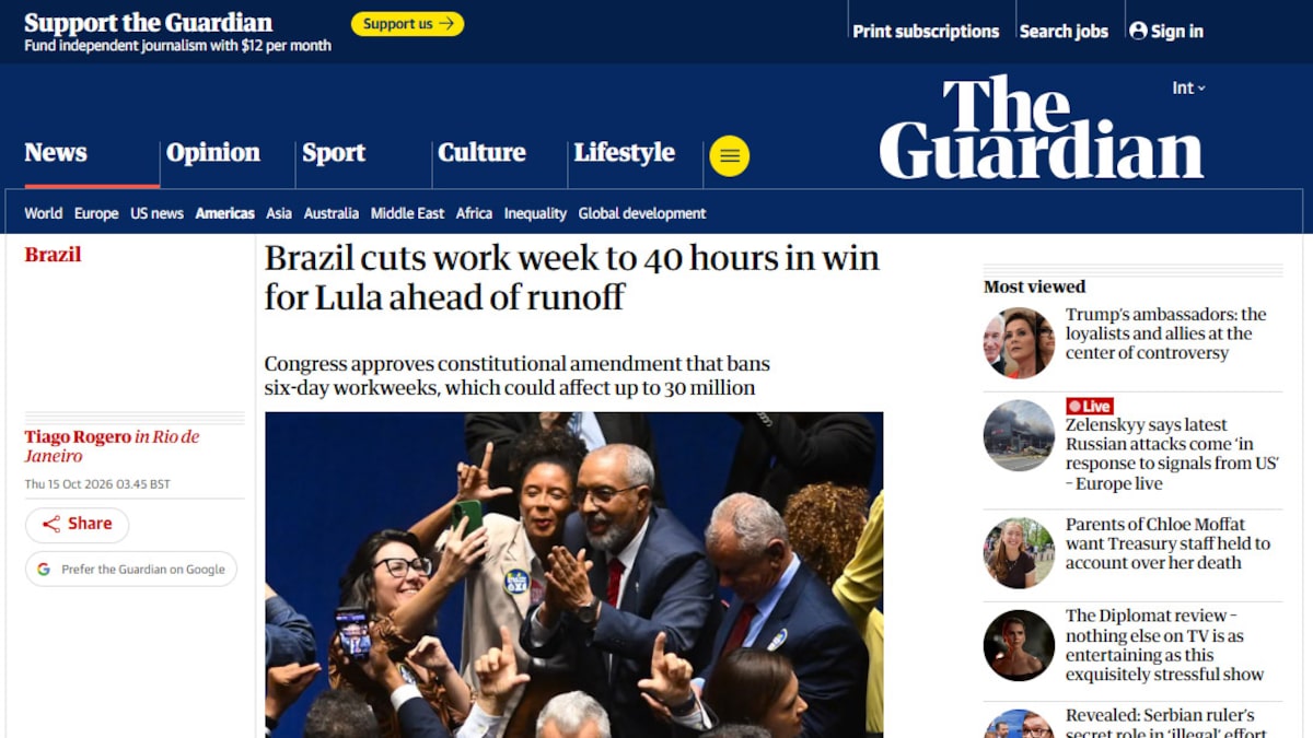 Imprensa internacional repercute fim da escala 6x1 e destaca ‘vitória política’ de Lula; veja