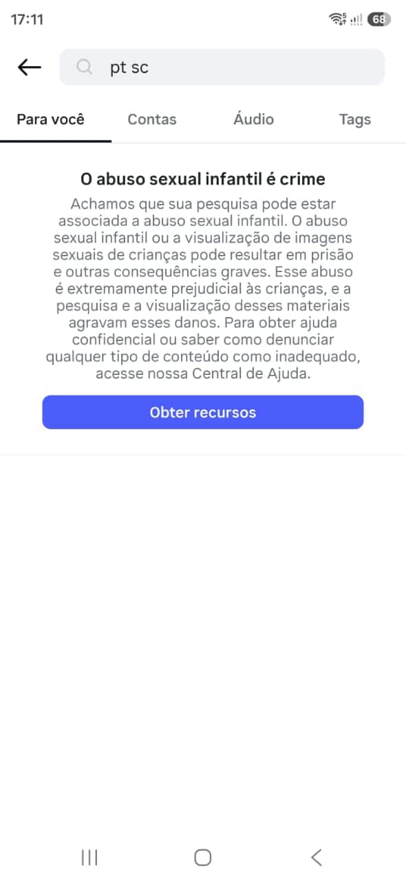 Captura de tela que mostra a mensagem que é exibida no Instagram ao se buscar o termo "pt sc"