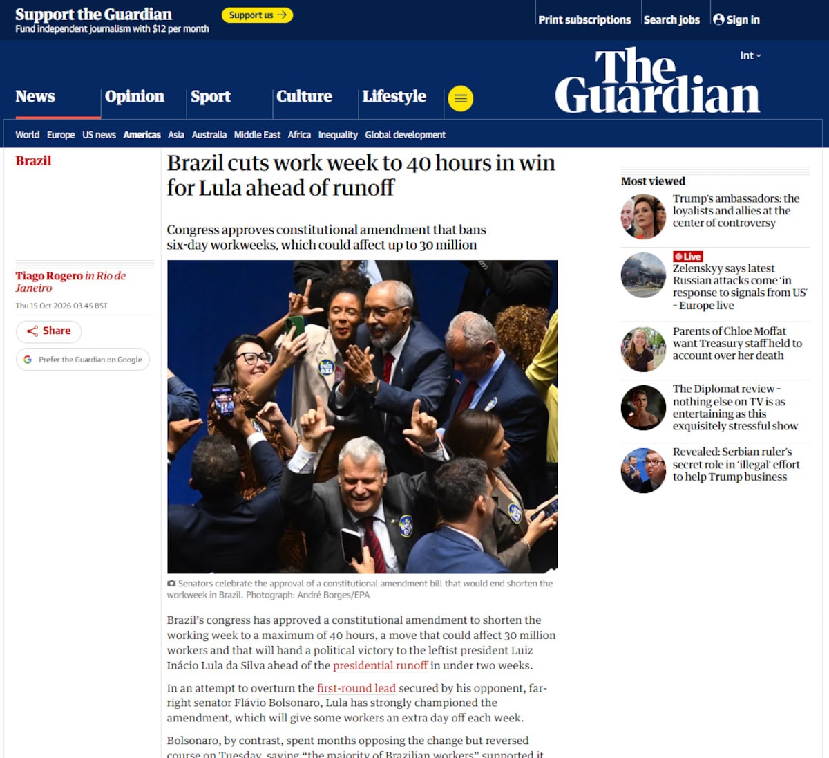 Imprensa internacional repercute fim da escala 6x1 e destaca ‘vitória política’ de Lula; veja