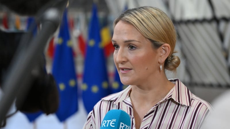 BRUSSELS, BELGIUM - SEPTEMBER 28: Irish Defense Minister Helen McEntee makes statements to the press ahead of the first official meeting of Defense ministers of European Union (EU) countries after the summer break in Brussels, Belgium on September 28, 202
