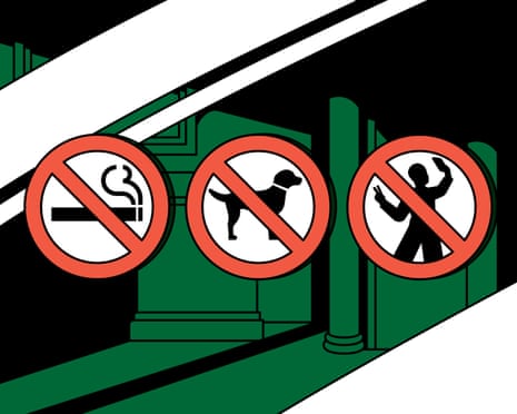 Illustration of signs banning smoking, dogs and people taking selfies